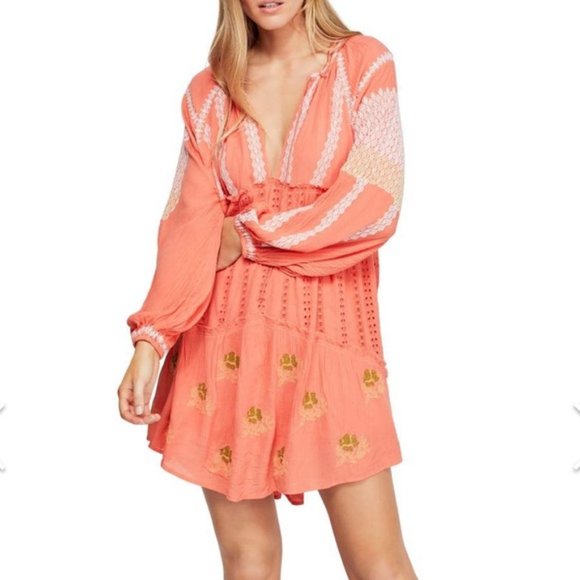 Free People Women’s Wild Horses Embroidered Dress in Persimmon- Coral … - Picture 2 of 9